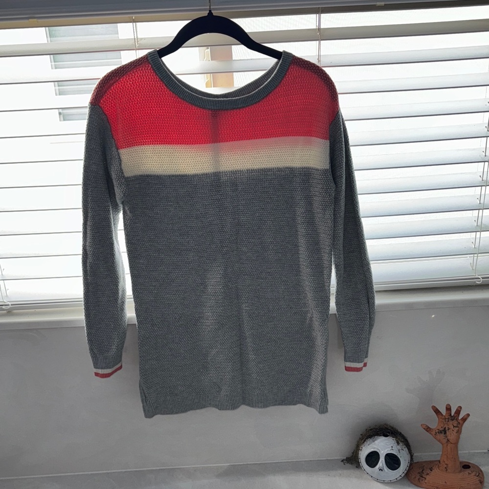 T By Talbots Colorblock Textured Crewneck Sweater Gray Orange Side Zips Size P